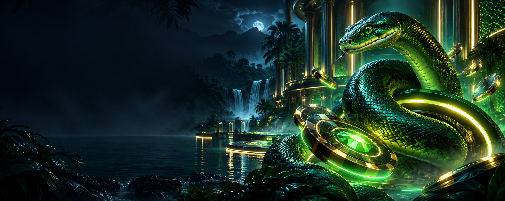 Emerald anaconda in a cinematic tropical casino setting